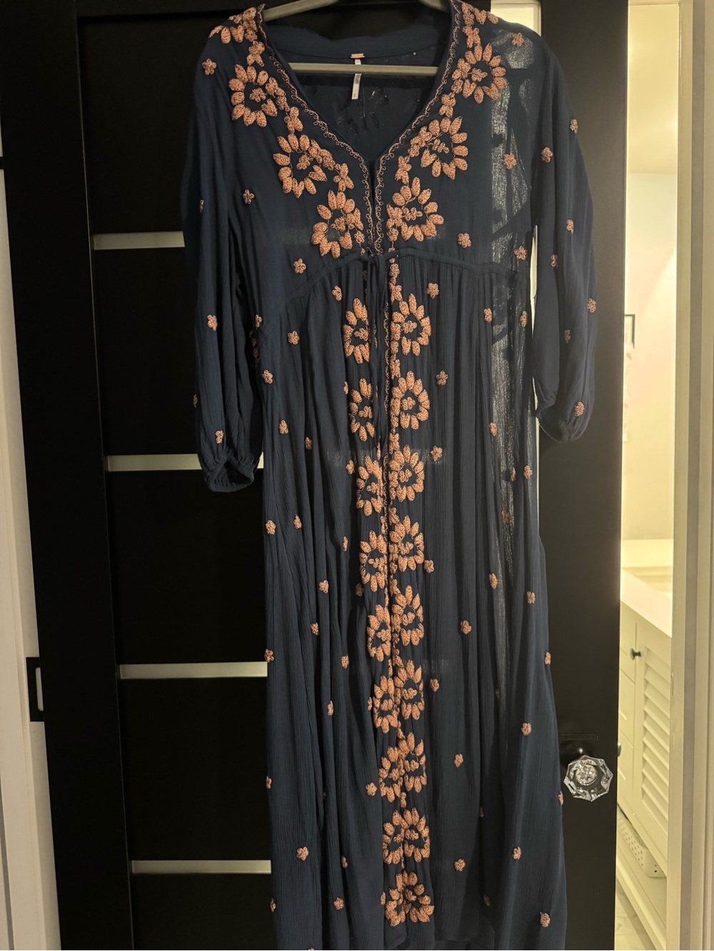 Free People Navy Maxi Dress with Peach Floral Embroidery